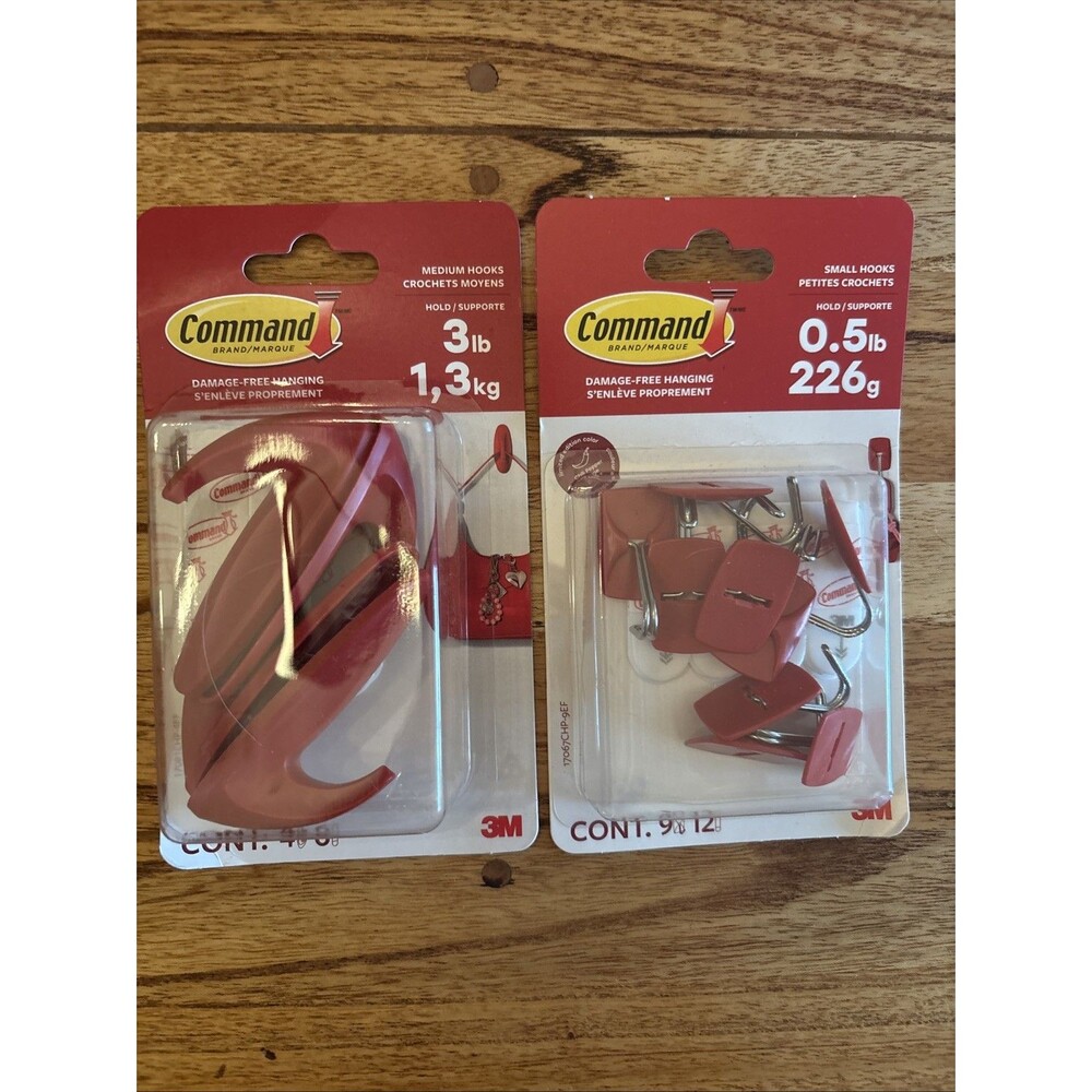 Command Med Hooks Ted Hold 3 lbs  4 Ct & Small Hooks Red Holds .5 lbs 9 Ct